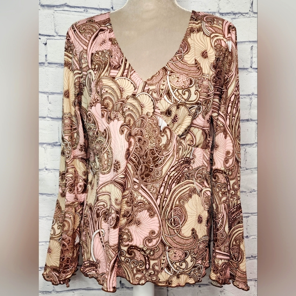 Route 66, pink, brown, tan 3/4 bell sleeve tunic, ladies XL